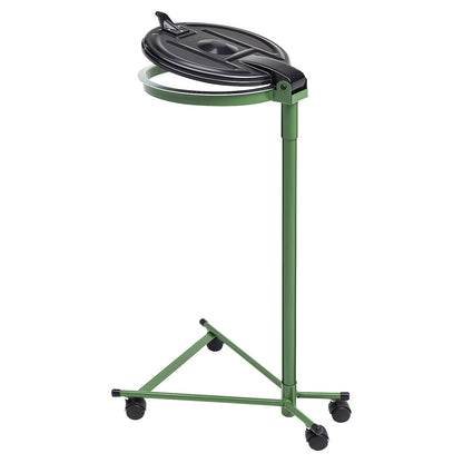Waste sack stand, for capacity 120 l, 4-wheeled base, green, plastic lid.