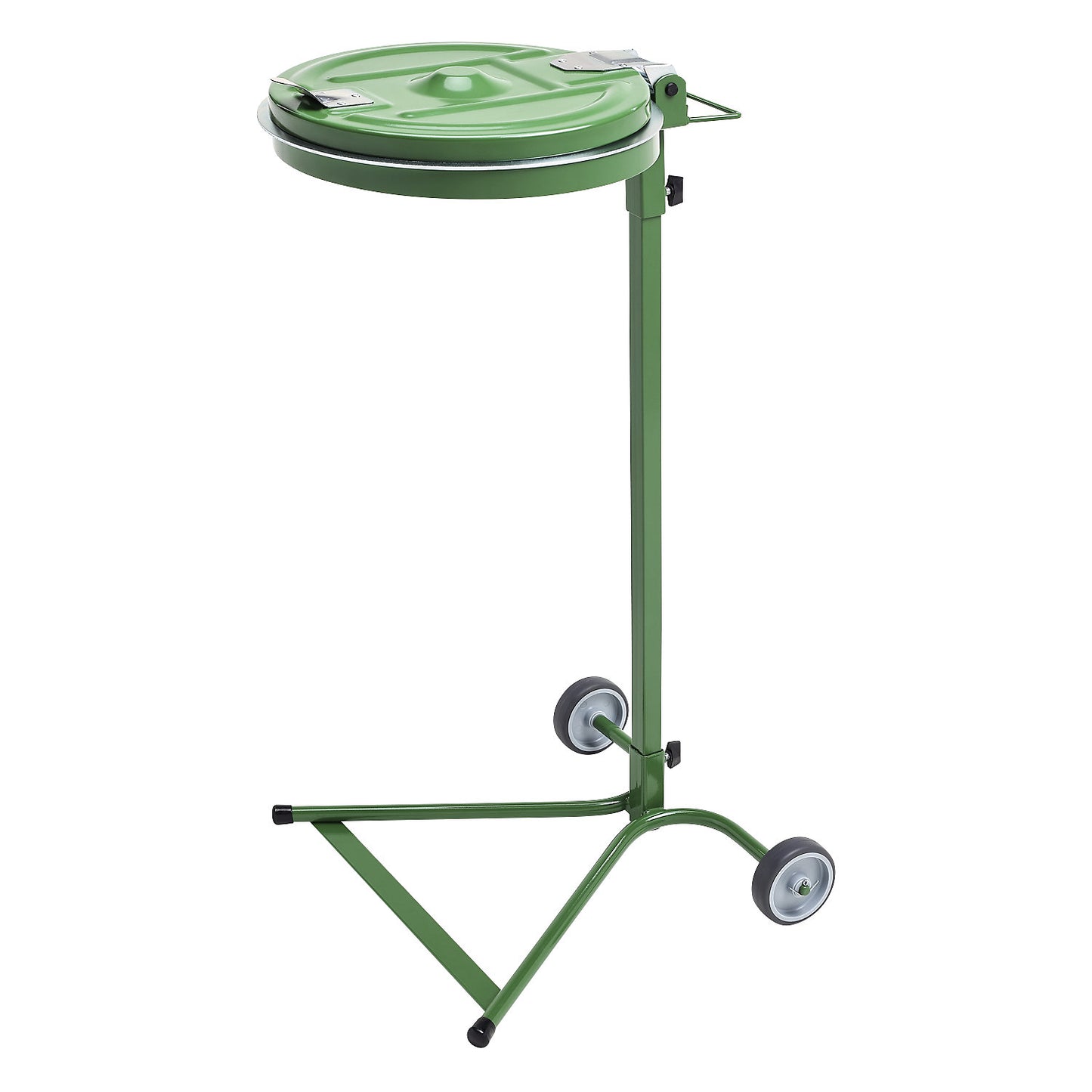 Waste sack stand, for capacity 120 l, 2-wheeled base, green, steel lid.