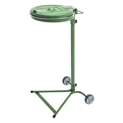 Waste sack stand, for capacity 120 l, 2-wheeled base, green, steel lid.