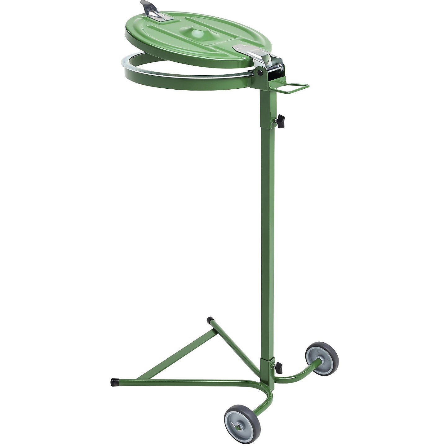 Waste sack stand, for capacity 120 l, 2-wheeled base, green, steel lid.