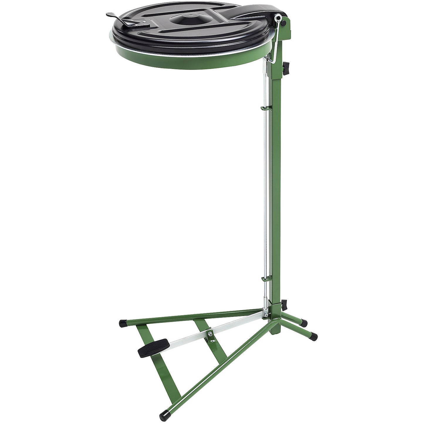 Waste sack stand, static frame, for capacity 120 l, with pedal, green, plastic lid.