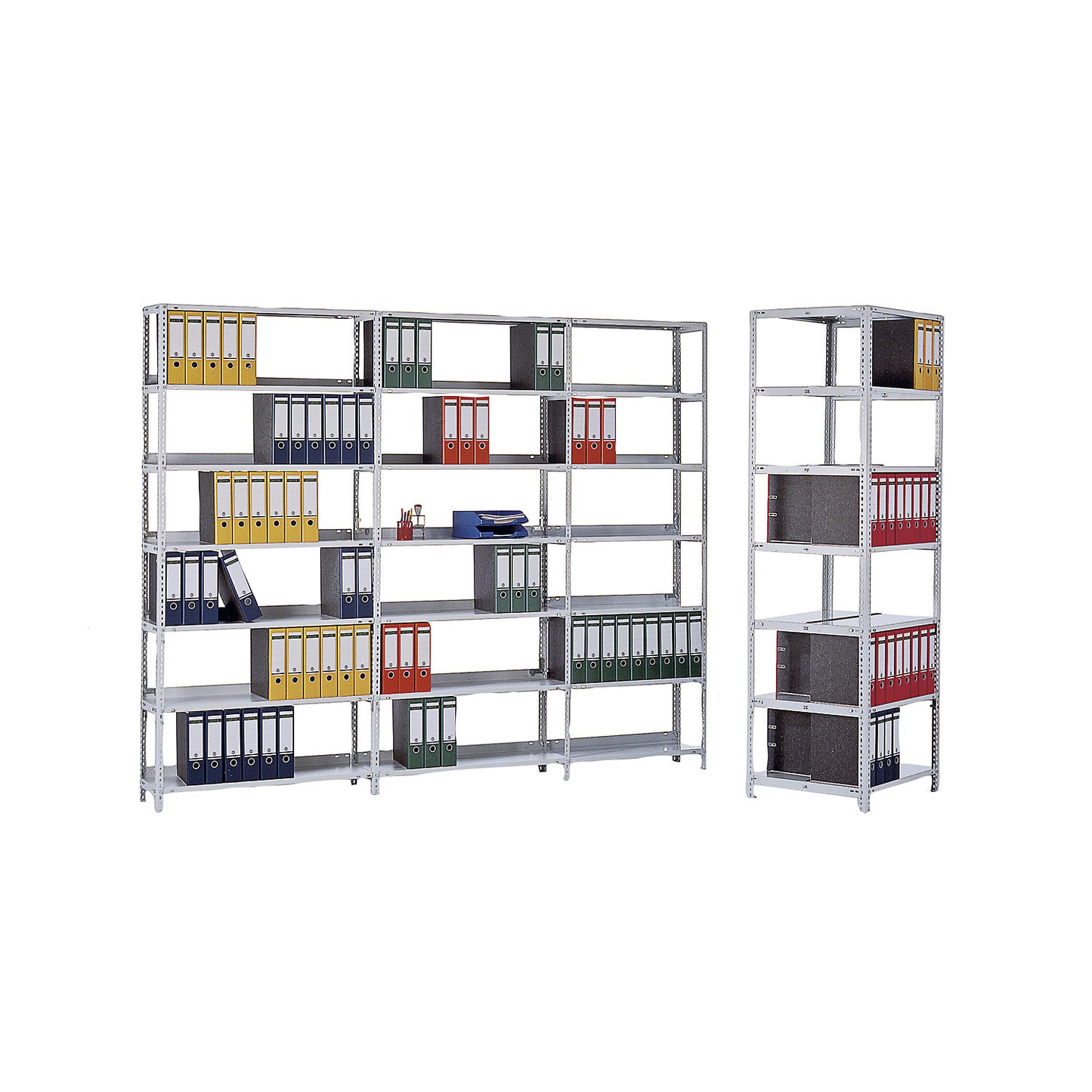 Bolt-together archive shelving, light grey RAL 7035, shelf height 2200 mm, double sided, extension shelf, width x depth 750 x 600 mm.