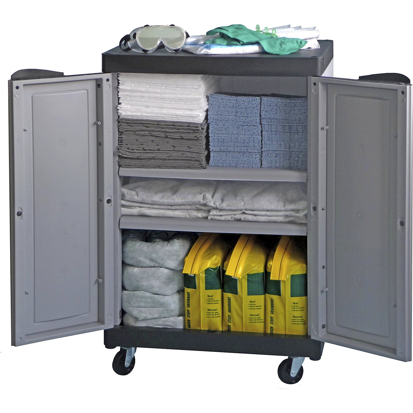 Spillage emergency station, fleece socks, cushions, towels, HxWxD 990 x 650 x 450 mm.