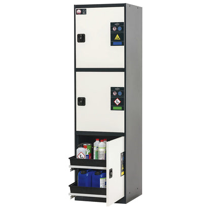 MULTIRISK chemical storage cupboard, 1 x 1 shelf, 1 base sump tray, 2 x 2 drawers, HxWxD 1950 x 540 x 520 mm, 3 compartments.