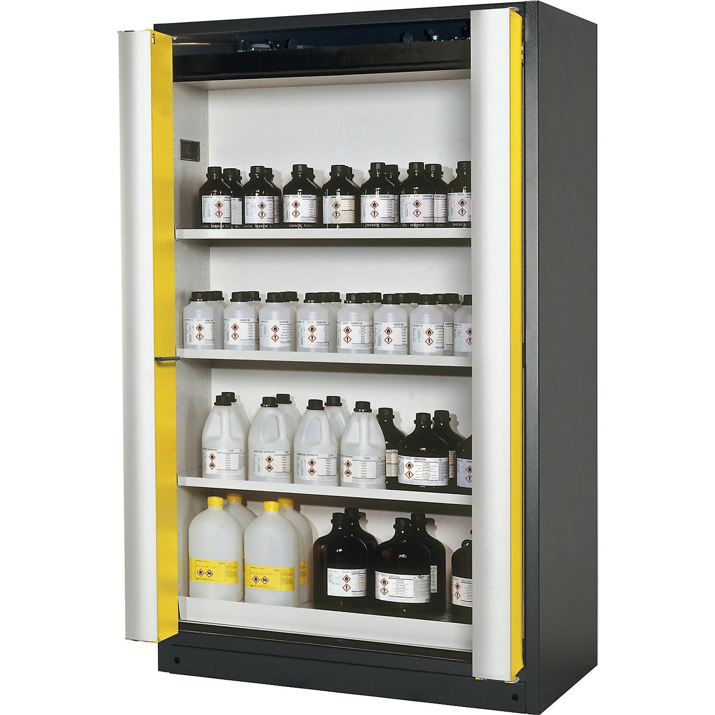Fire resistant cupboard with folding doors for hazardous goods type 90, with 3 shelves, door colour yellow.
