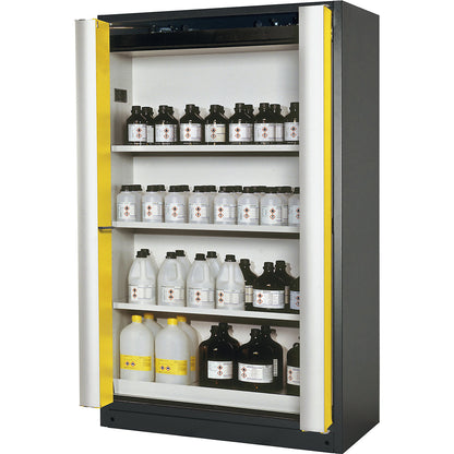 Fire resistant cupboard with folding doors for hazardous goods type 90, with 3 shelves, door colour yellow.