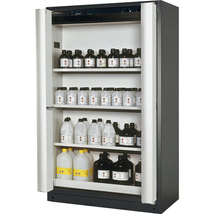 Fire resistant cupboard with folding doors for hazardous goods type 90, with 3 shelves, door colour grey.