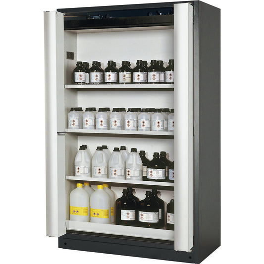 Fire resistant cupboard with folding doors for hazardous goods type 90, with 3 shelves, door colour grey.