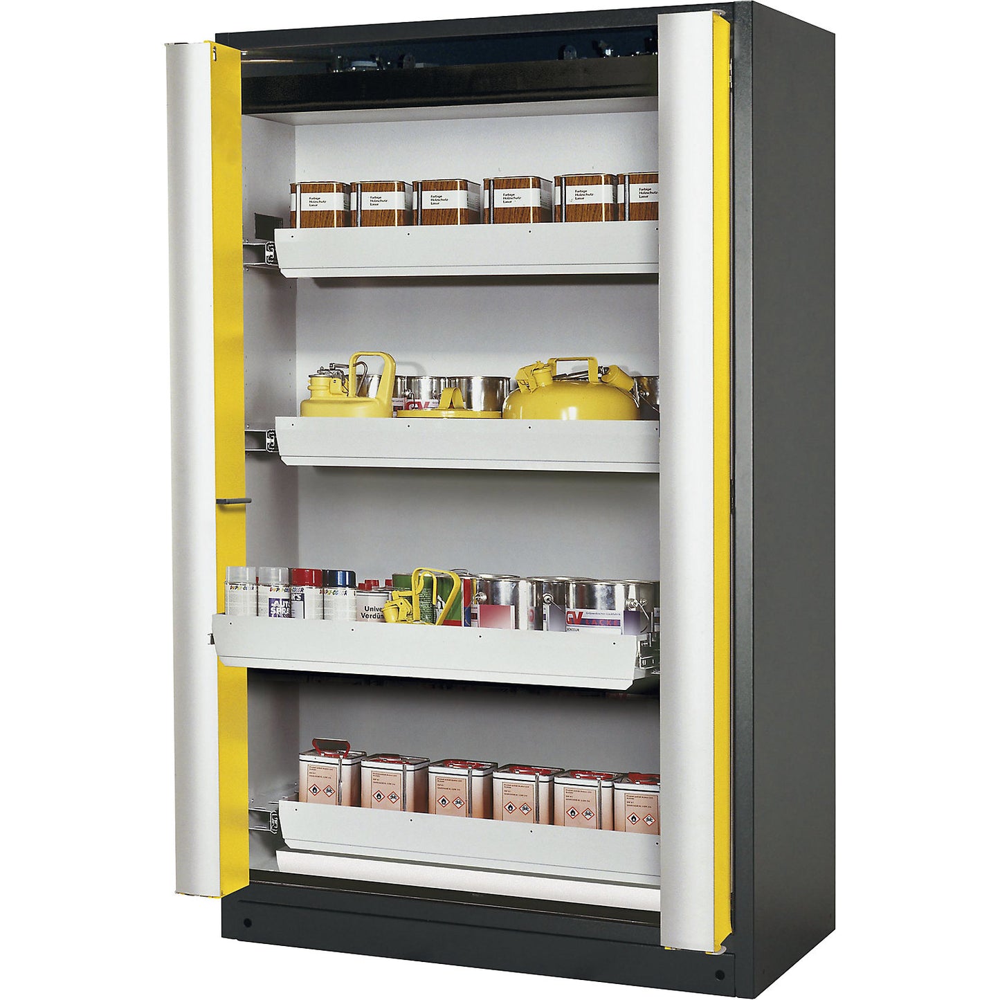 Fire resistant cupboard with folding doors for hazardous goods type 90, with 4 drawers, door colour yellow.