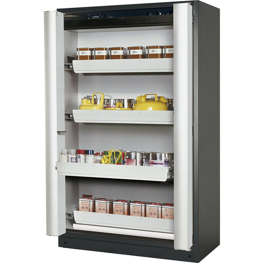 Fire resistant cupboard with folding doors for hazardous goods type 90, with 4 drawers, door colour grey.