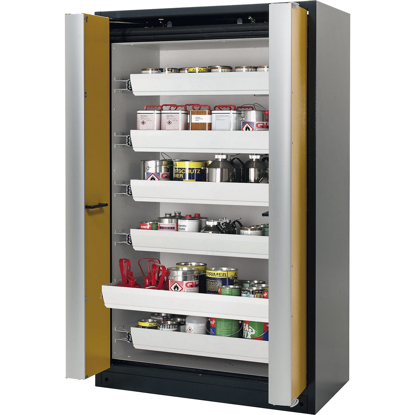 Fire resistant cupboard with folding doors for hazardous goods type 90, with 6 drawers, door colour yellow.