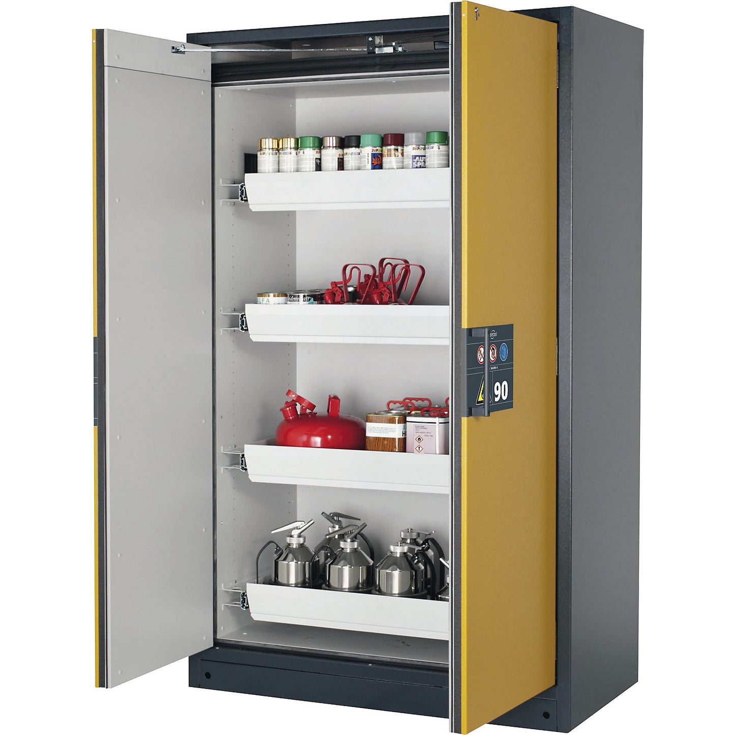 Fire resistant hazardous goods storage cupboard type 90, semi-automatic, with 4 drawers, door colour yellow.