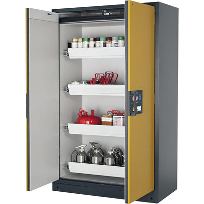 Fire resistant hazardous goods storage cupboard type 90, semi-automatic, with 4 drawers, door colour yellow.