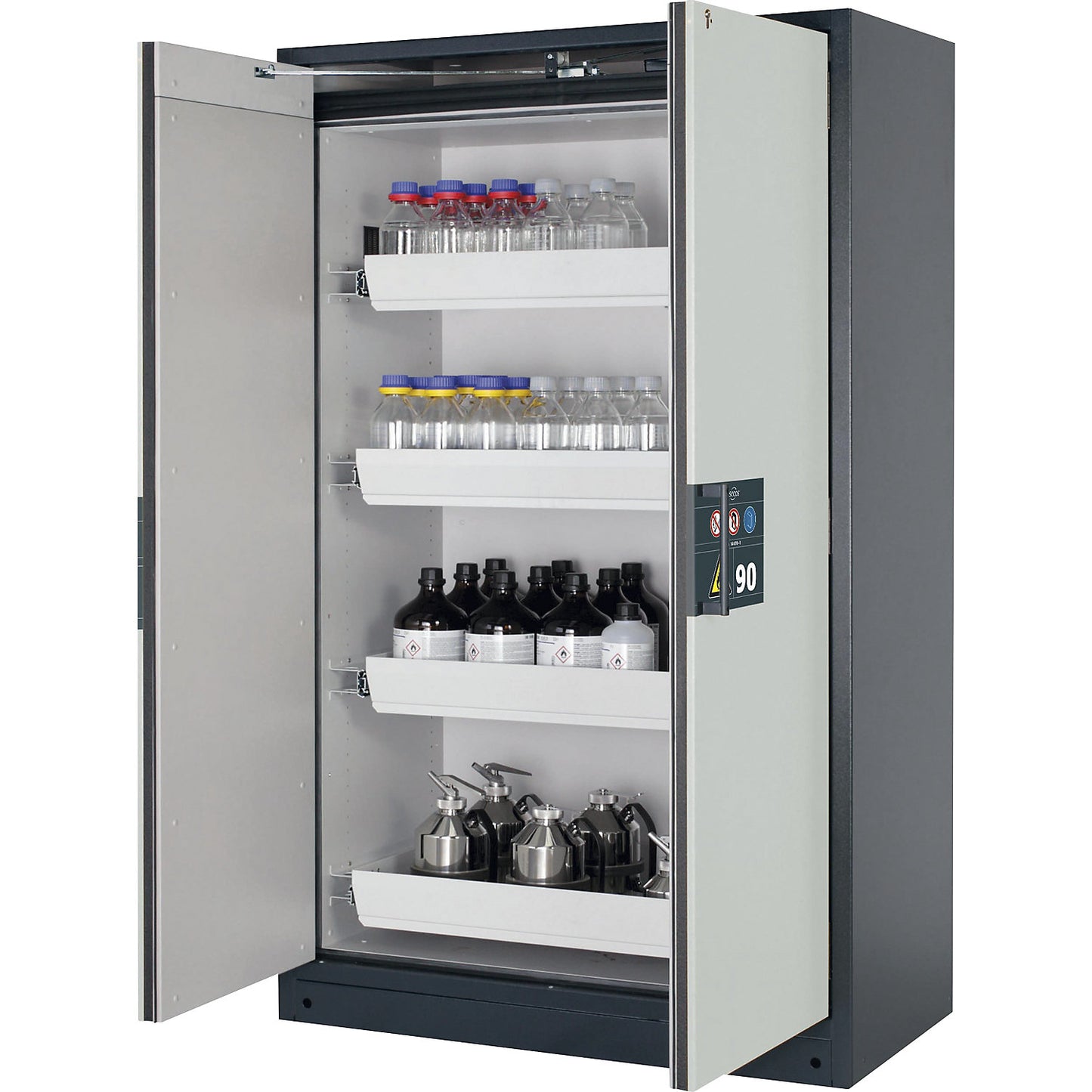 Fire resistant hazardous goods storage cupboard type 90, semi-automatic, with 4 drawers, door colour grey.