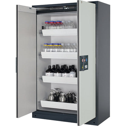 Fire resistant hazardous goods storage cupboard type 90, semi-automatic, with 4 drawers, door colour grey.