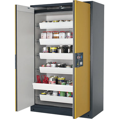 Fire resistant hazardous goods storage cupboard type 90, semi-automatic, with 6 drawers, door colour yellow.