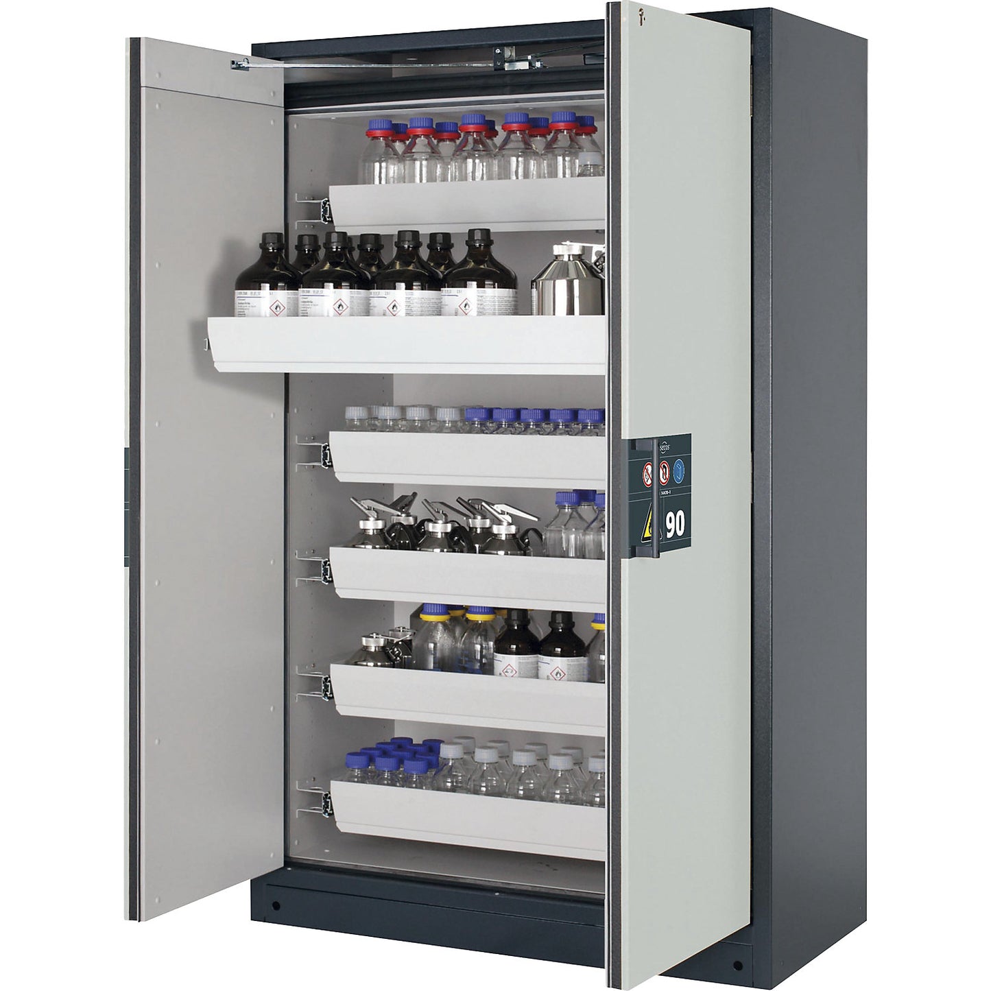 Fire resistant hazardous goods storage cupboard type 90, semi-automatic, with 6 drawers, door colour grey.