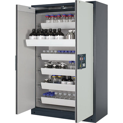 Fire resistant hazardous goods storage cupboard type 90, semi-automatic, with 6 drawers, door colour grey.