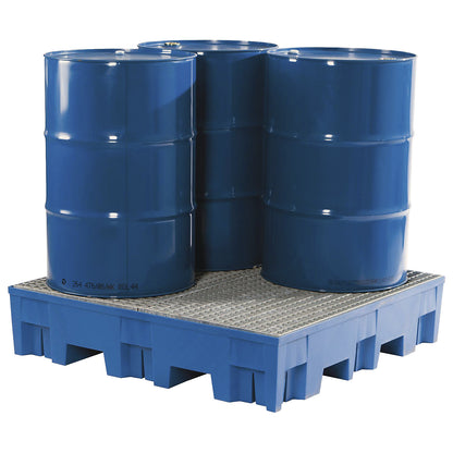 PE drum sump for 4 x 200 l drums, LxW 1235 x 1235 mm, sump capacity 255 l, with zinc plated steel grate.