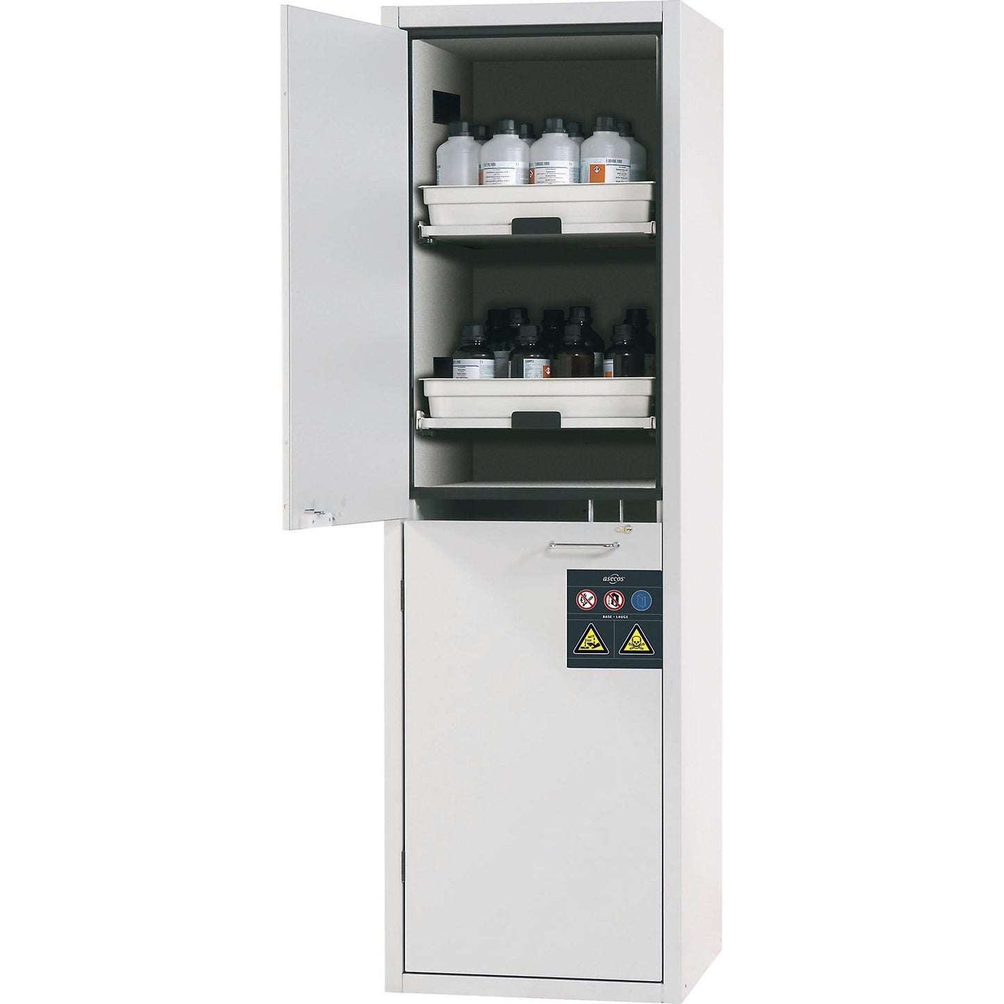 Full height safety cupboard for acids and alkalis, 1-door, with 4 drawers.