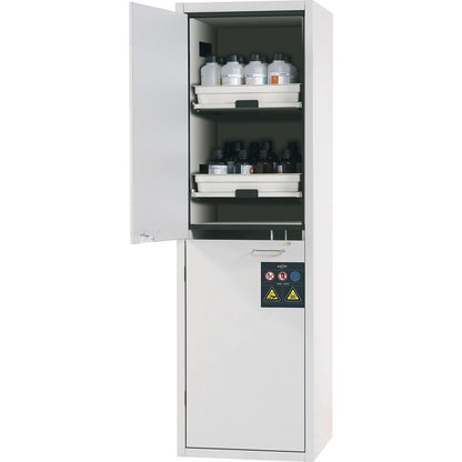 Full height safety cupboard for acids and alkalis, 1-door, with 4 drawers.