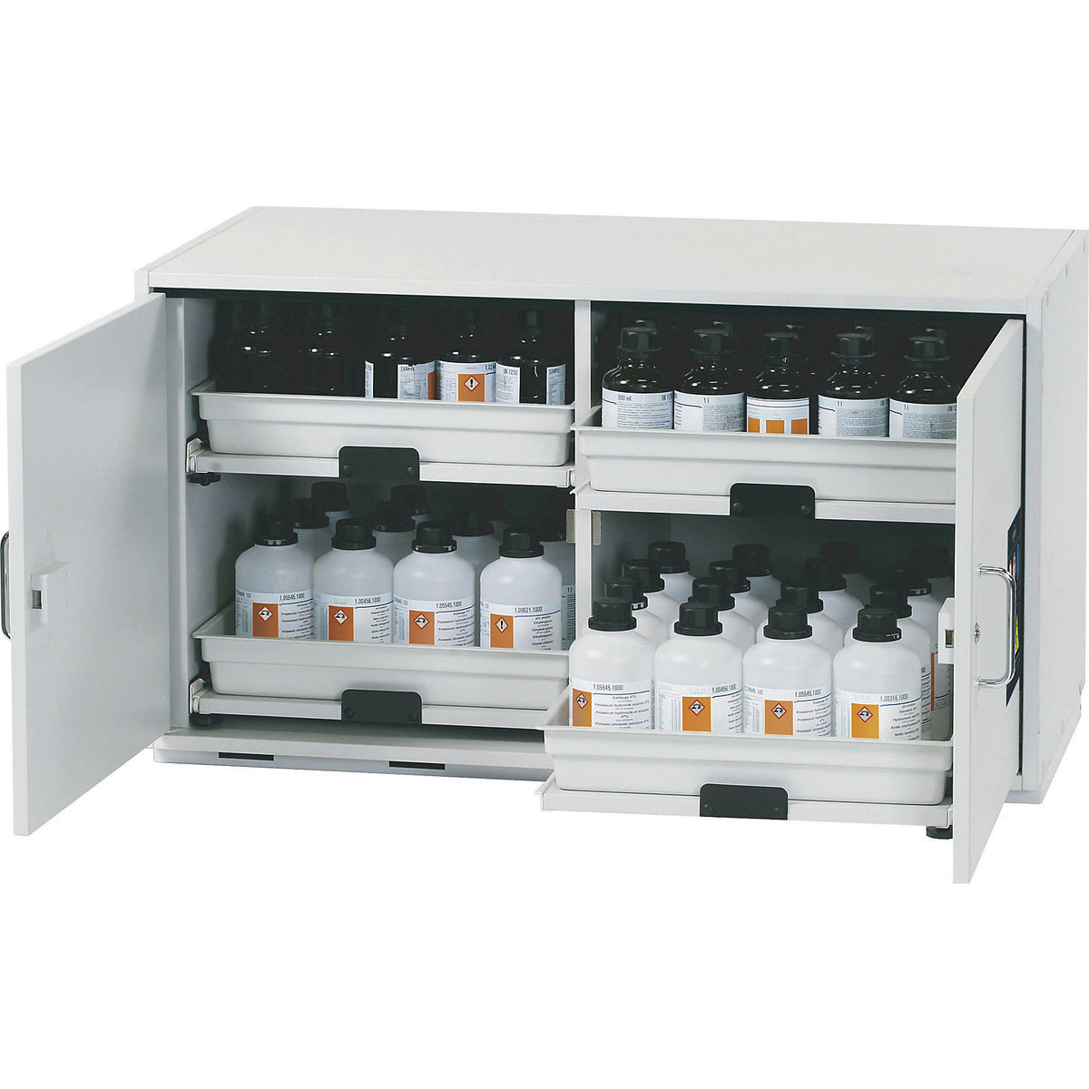 Hazardous goods base cupboard for acids and alkaline solutions, 2-door, HxWxD 600 x 1100 x 570 mm, 4 drawers.