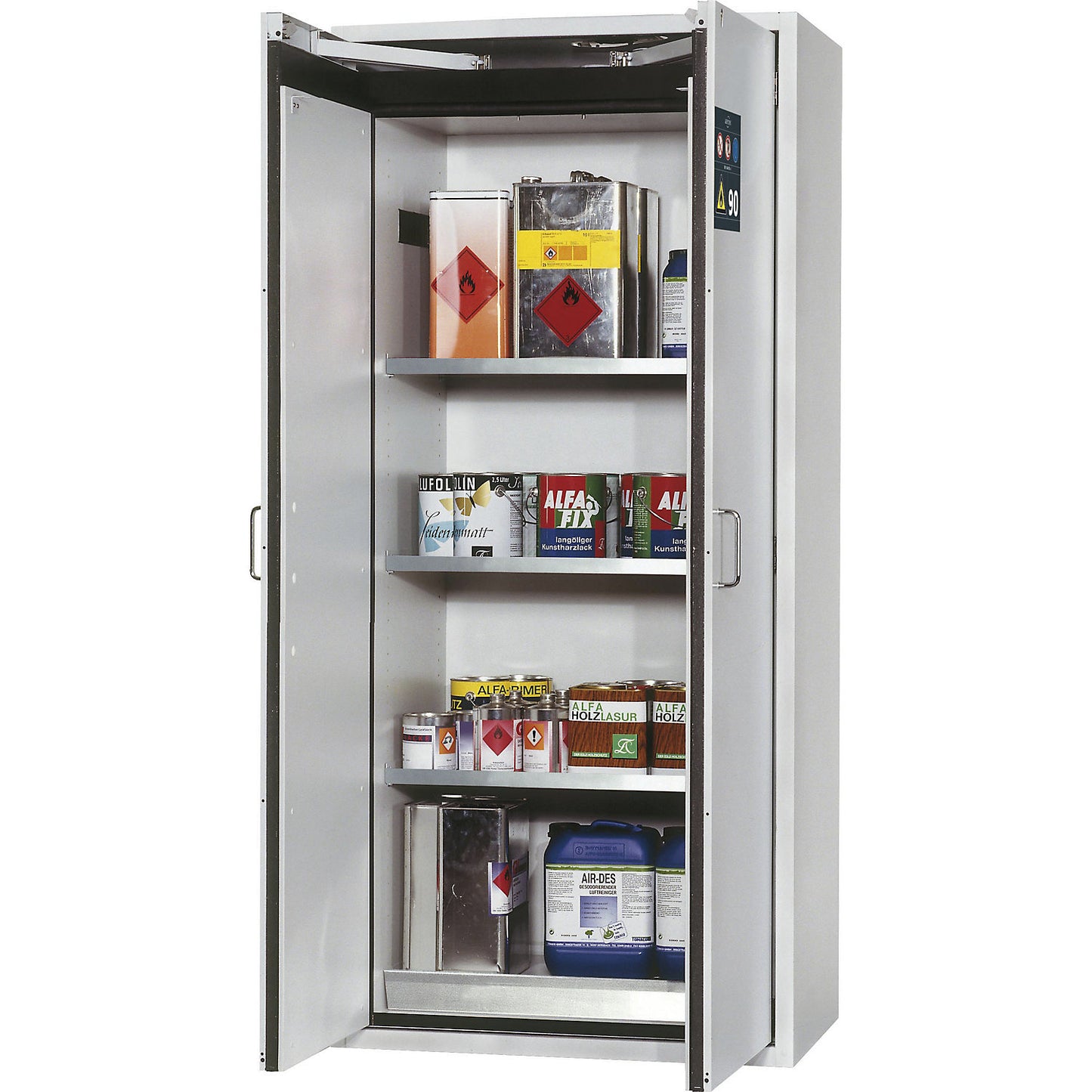 Fire resistant hazardous goods storage cupboard, type 90, 2 doors, external HxWxD 1968 x 900 x 615 mm, grey, stainless steel.