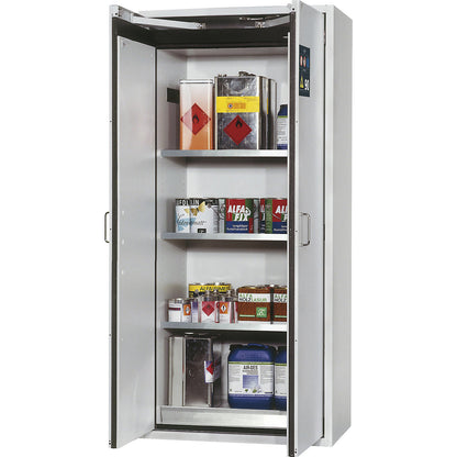 Fire resistant hazardous goods storage cupboard, type 90, 2 doors, external HxWxD 1968 x 900 x 615 mm, grey, stainless steel.