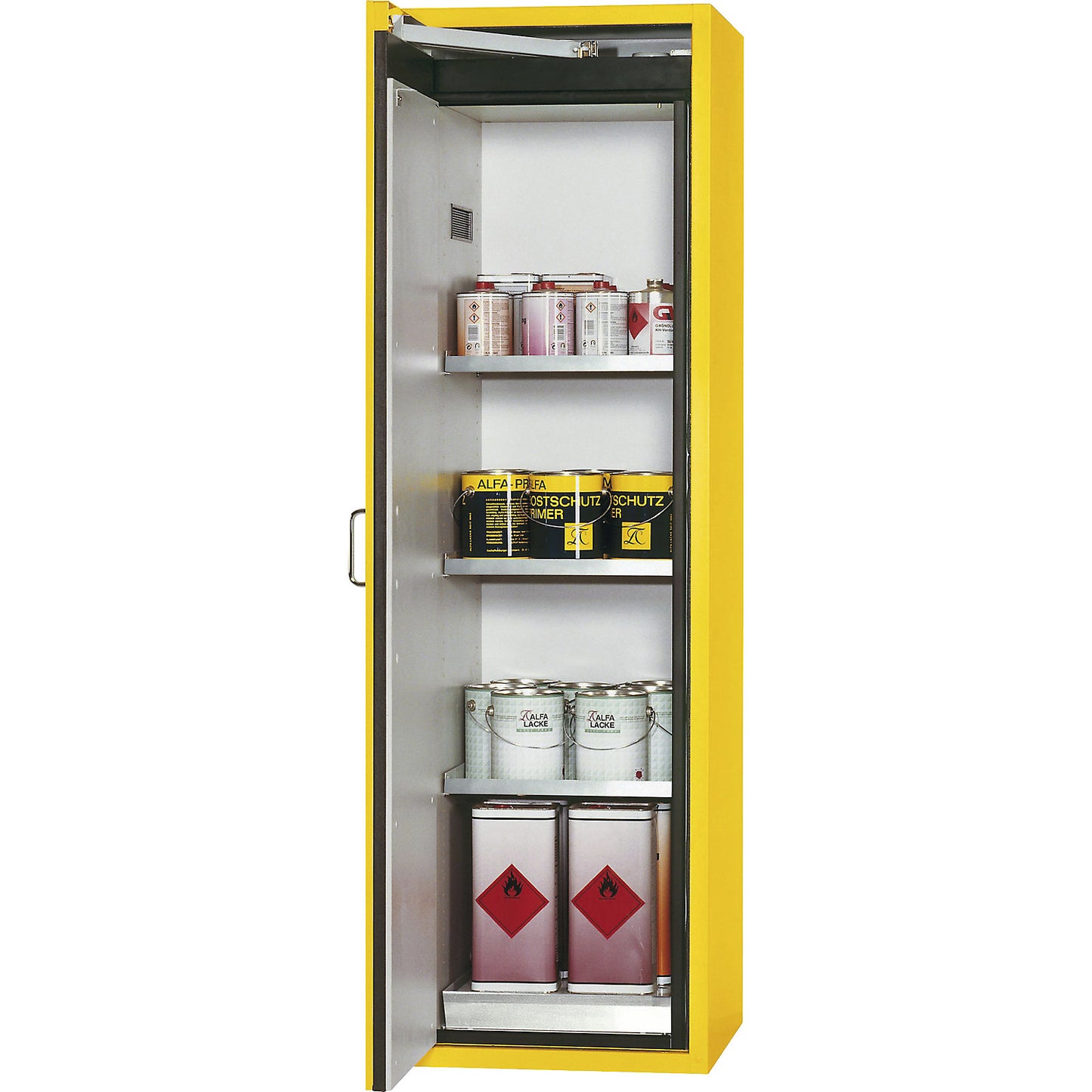 Fire resistant hazardous goods storage cupboard, type 90, 1 door, external HxWxD 1968 x 600 x 615 mm, yellow, stainless steel.