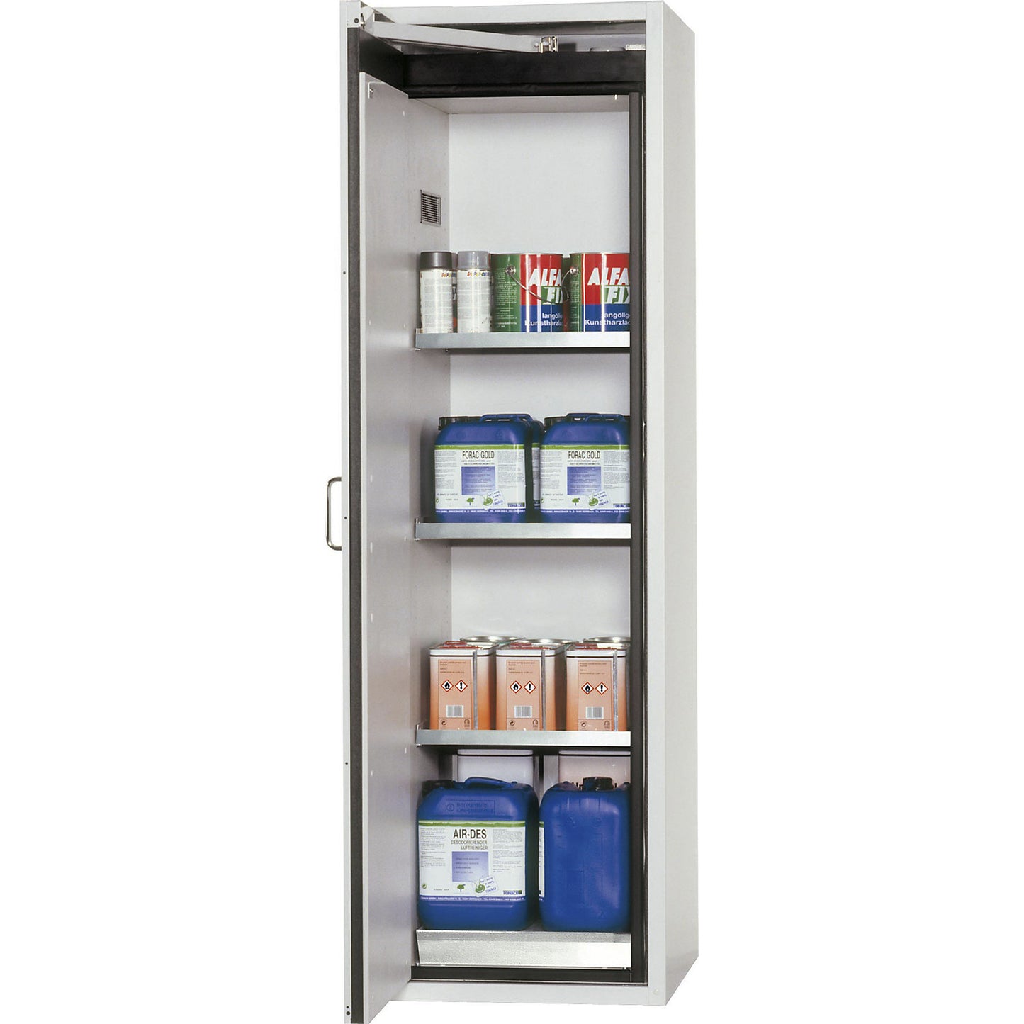 Fire resistant hazardous goods storage cupboard, type 90, 1 door, external HxWxD 1968 x 600 x 615 mm, grey, stainless steel.