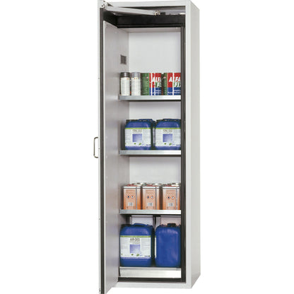 Fire resistant hazardous goods storage cupboard, type 90, 1 door, external HxWxD 1968 x 600 x 615 mm, grey, stainless steel.