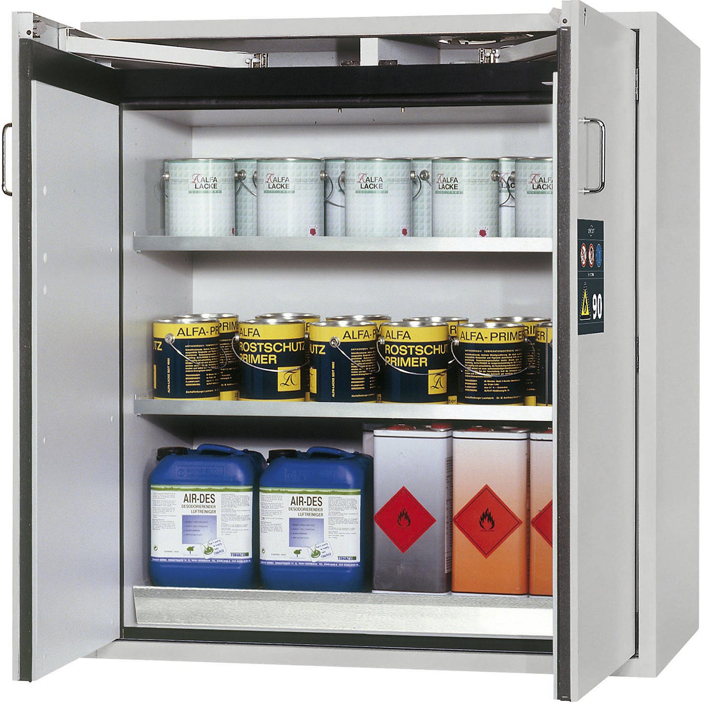 Fire resistant hazardous goods storage cupboard, type 90, 2 door, external HxWxD 1298 x 1200 x 615 mm, grey, stainless steel.