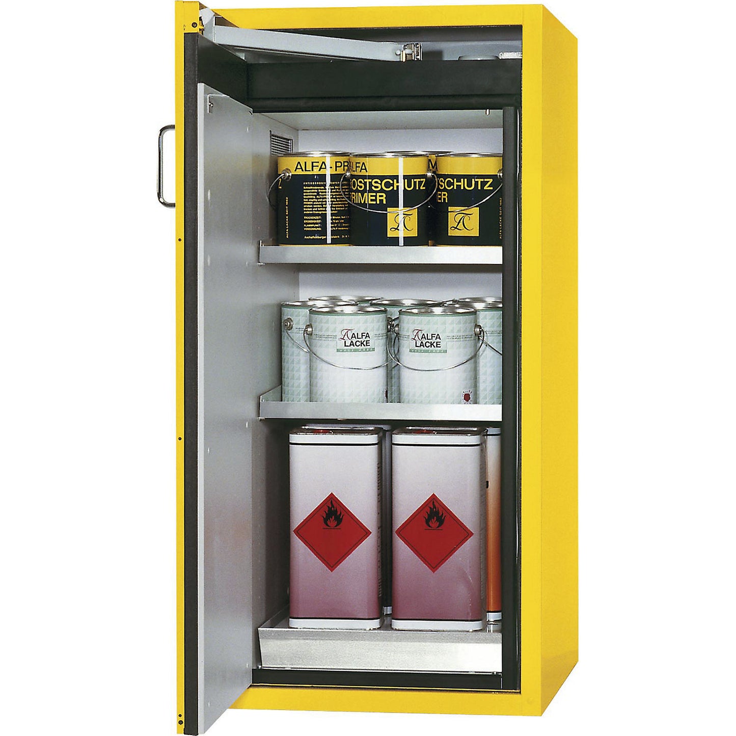 Fire resistant hazardous goods storage cupboard, type 90, 1 door, external HxWxD 1298 x 600 x 615 mm, yellow, stainless steel.