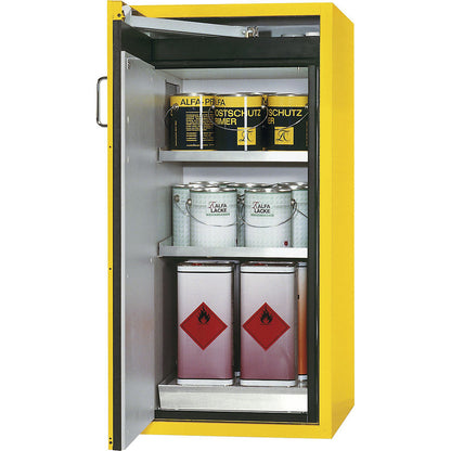 Fire resistant hazardous goods storage cupboard, type 90, 1 door, external HxWxD 1298 x 600 x 615 mm, yellow, stainless steel.