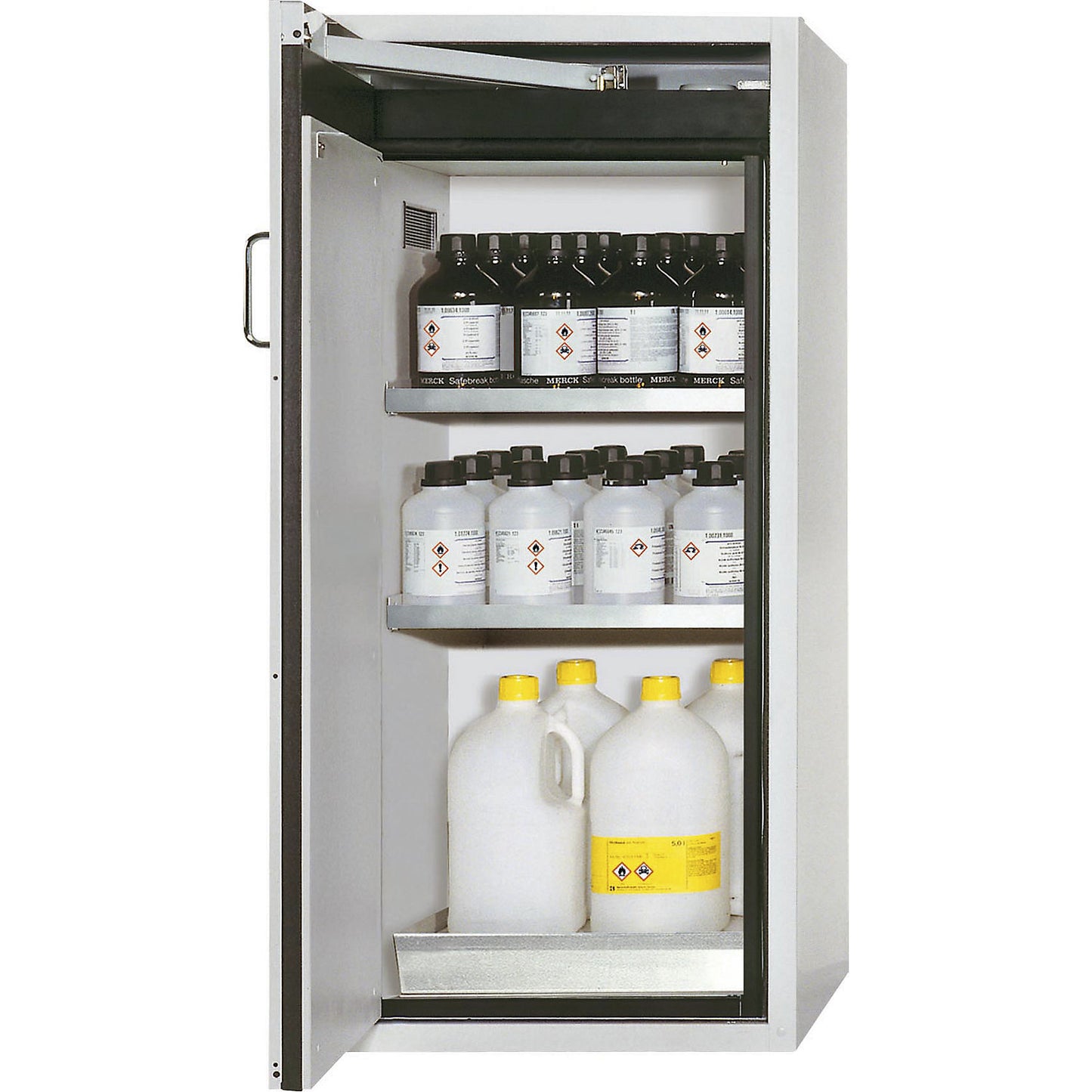 Fire resistant hazardous goods storage cupboard, type 90, 1 door, external HxWxD 1298 x 600 x 615 mm, grey, stainless steel.