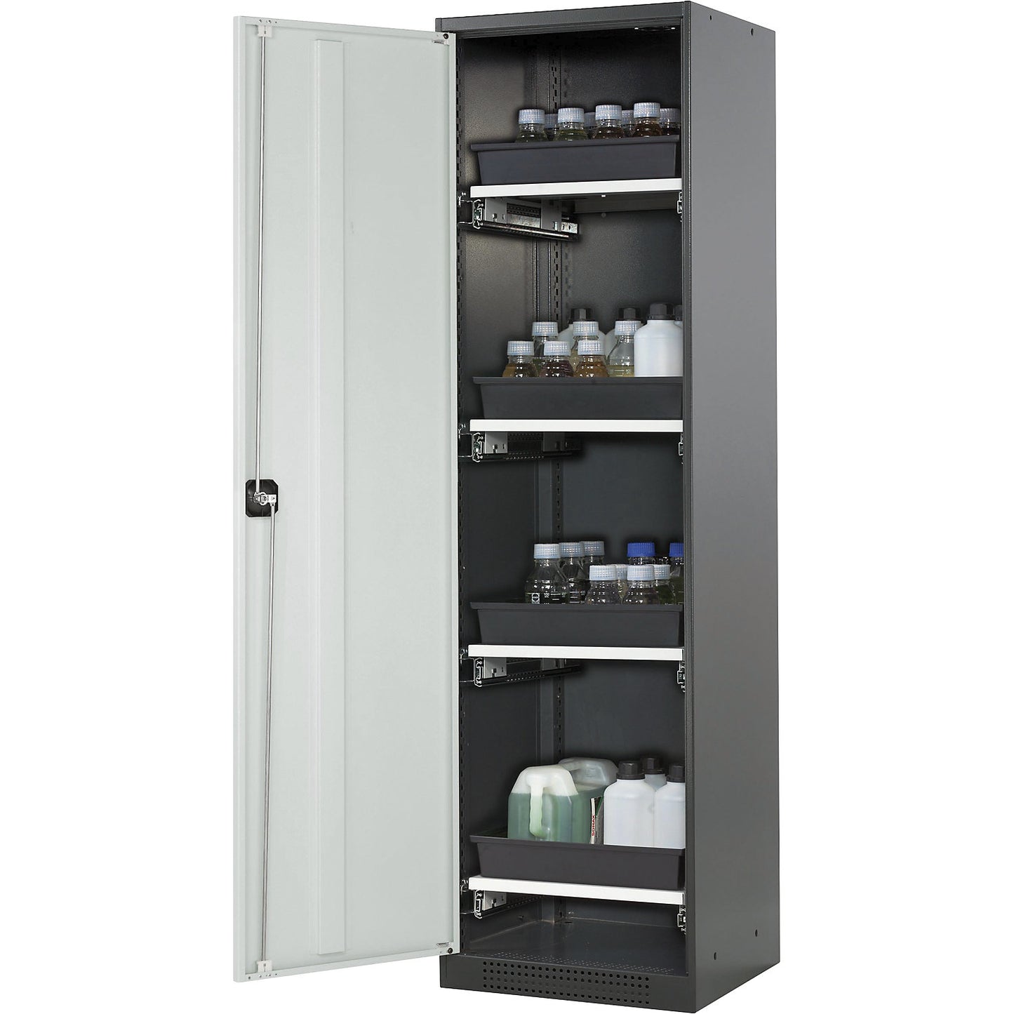 Laboratory chemical storage cupboard, 1 door, tall, 4 drawers, without vision panel, grey.