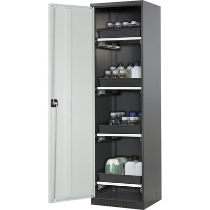 Laboratory chemical storage cupboard, 1 door, tall, 4 drawers, without vision panel, grey.