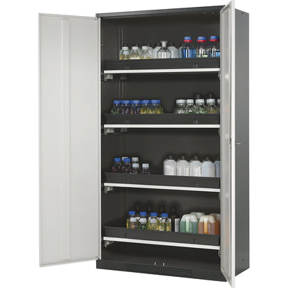 Laboratory chemical storage cupboard, 2 door, tall, 4 drawers, without vision panel, grey.