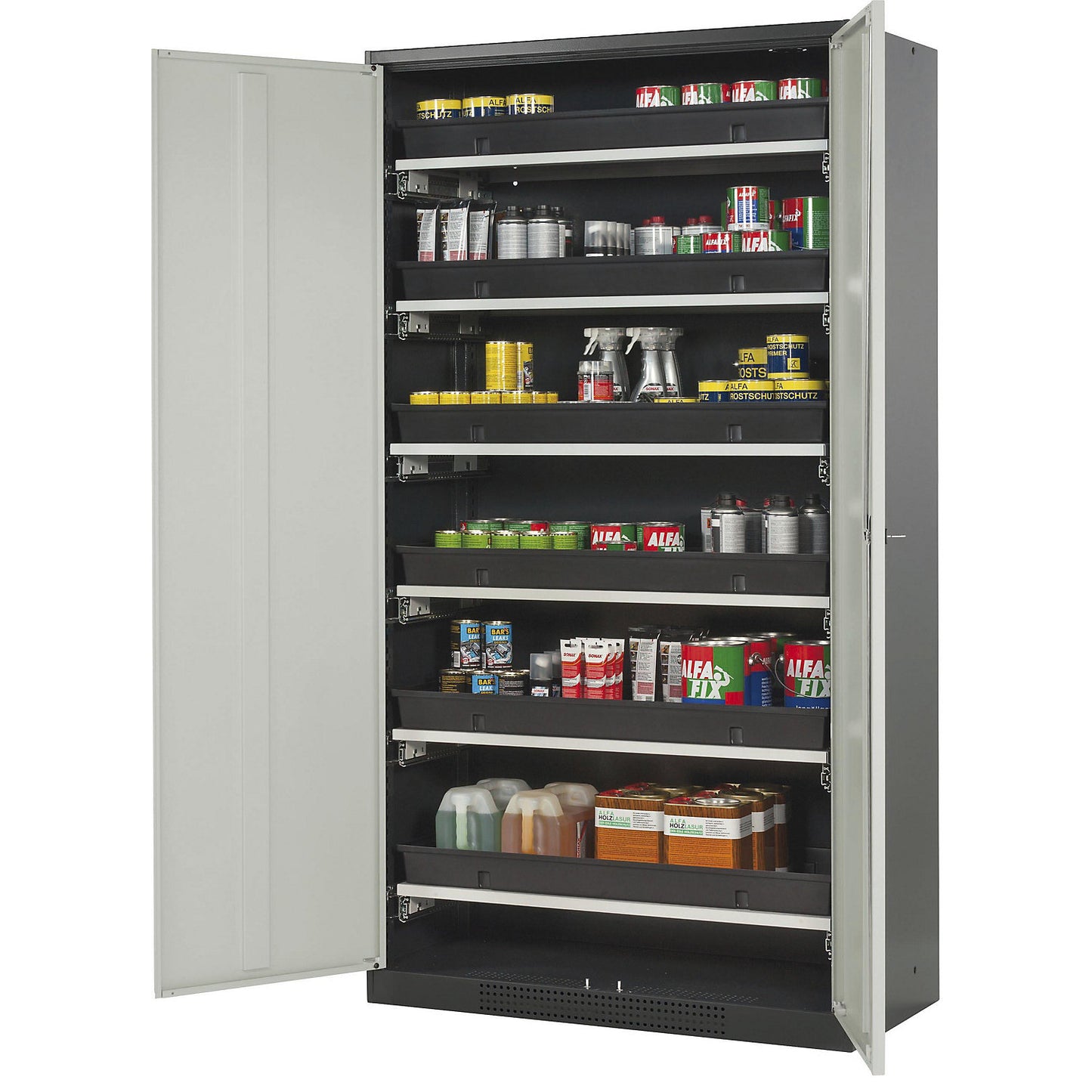 Laboratory chemical storage cupboard, 2 door, tall, 6 drawers, without vision panel, grey.
