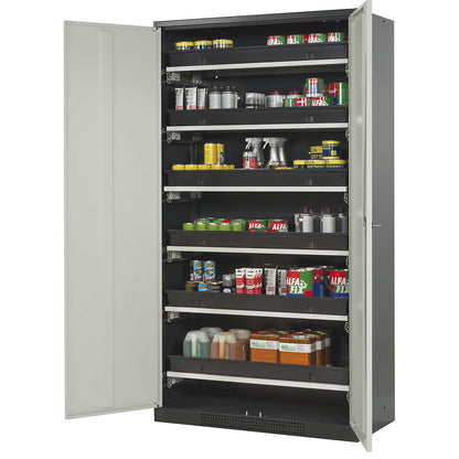 Laboratory chemical storage cupboard, 2 door, tall, 6 drawers, without vision panel, grey.