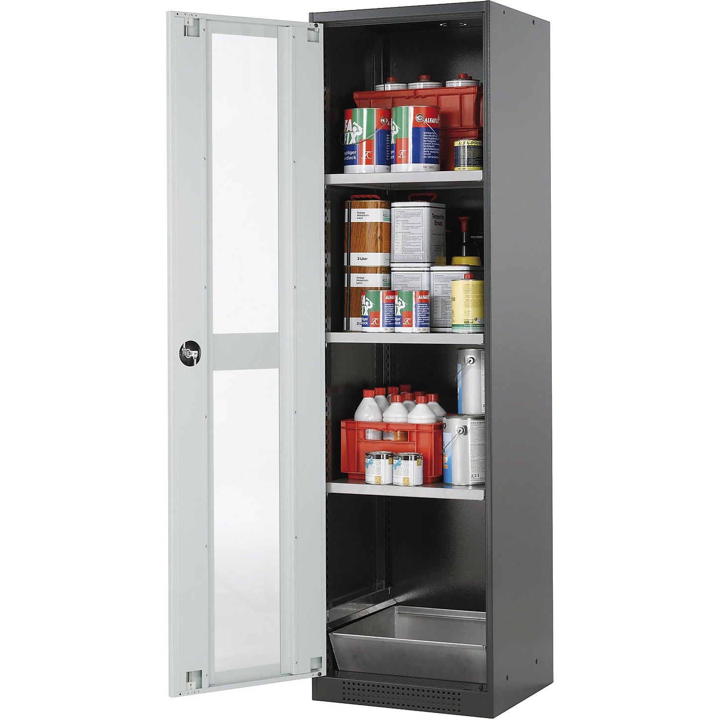 Laboratory chemical storage cupboard, 1 door, tall, 3 shelves, with vision panel, grey.