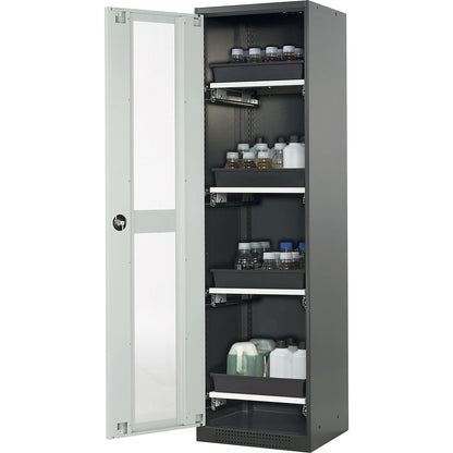 Laboratory chemical storage cupboard, 1 door, tall, 4 drawers, with vision panel, grey.