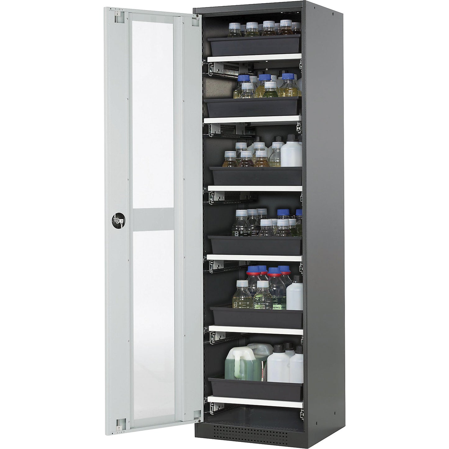Laboratory chemical storage cupboard, 1 door, tall, 6 drawers, with vision panel, grey.
