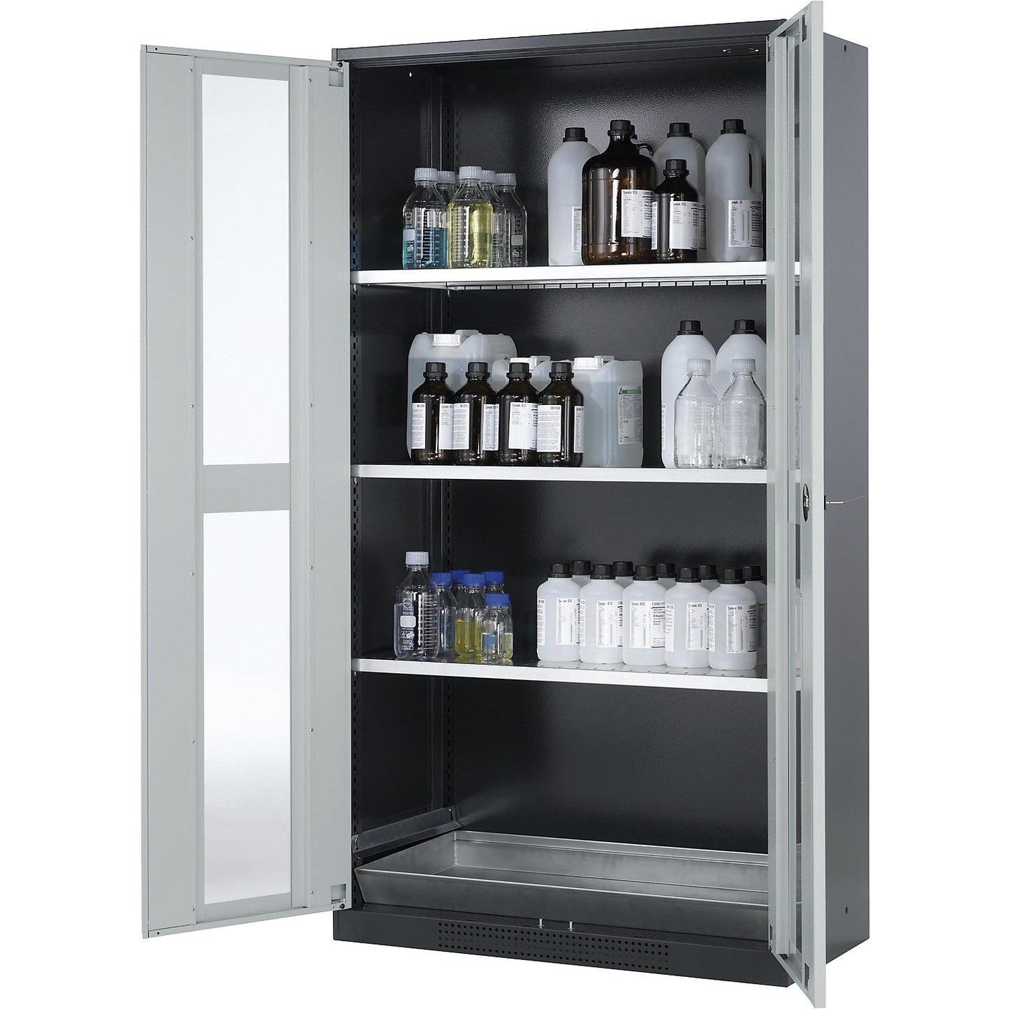 Laboratory chemical storage cupboard, 2 door, tall, 3 shelves, with vision panel, grey.