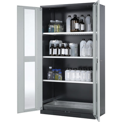Laboratory chemical storage cupboard, 2 door, tall, 3 shelves, with vision panel, grey.