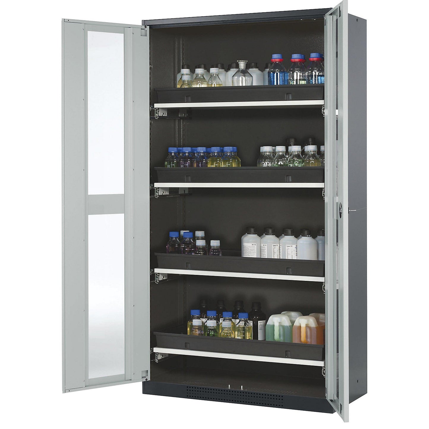 Laboratory chemical storage cupboard, 2 door, tall, 4 drawers, with vision panel, grey.