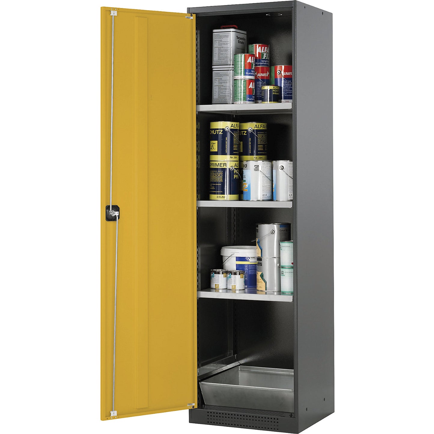 Laboratory chemical storage cupboard, 1 door, tall, 3 shelves, without vision panel, yellow.