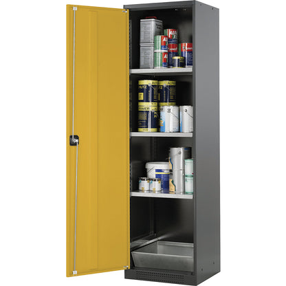 Laboratory chemical storage cupboard, 1 door, tall, 3 shelves, without vision panel, yellow.