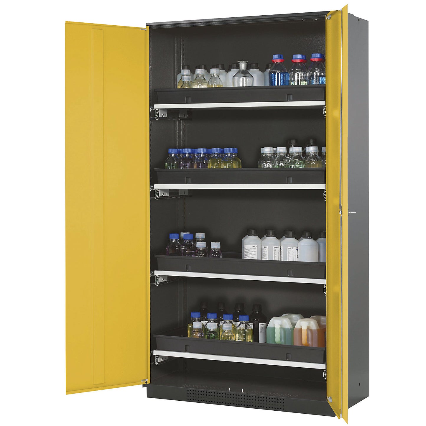 Laboratory chemical storage cupboard, 2 door, tall, 4 drawers, without vision panel, yellow.