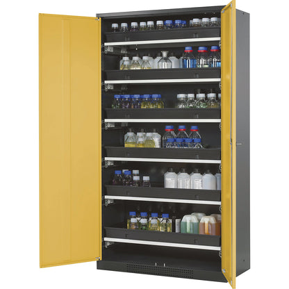 Laboratory chemical storage cupboard, 2 door, tall, 6 drawers, without vision panel, yellow.